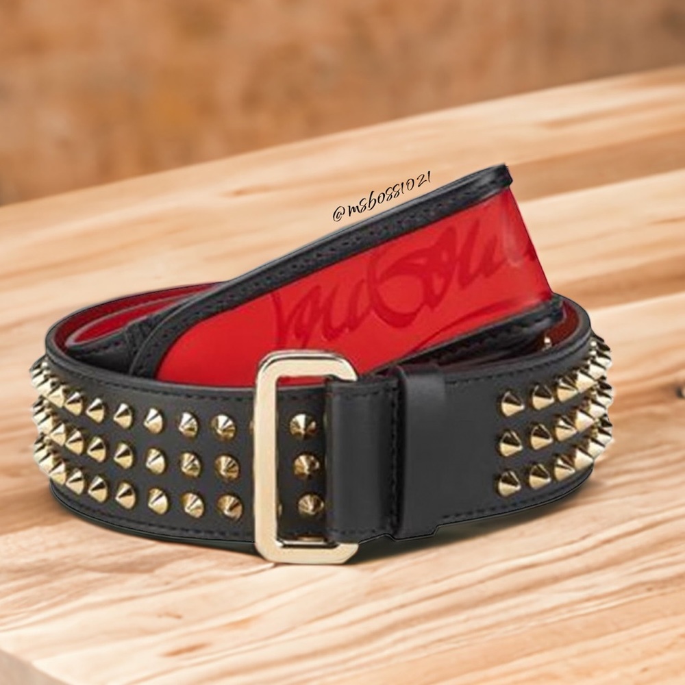 Christian Louboutin LOUBI Logo Spike Studded Leather Belt Black Gold